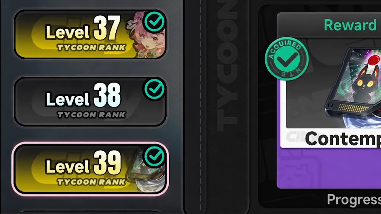 Tycoon Rank menu with a level 39 reward selected and shown as acquired