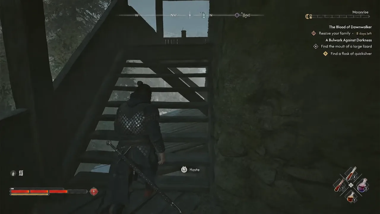 Coen on the tower's external wooden staircase with the L3 Haste prompt on screen