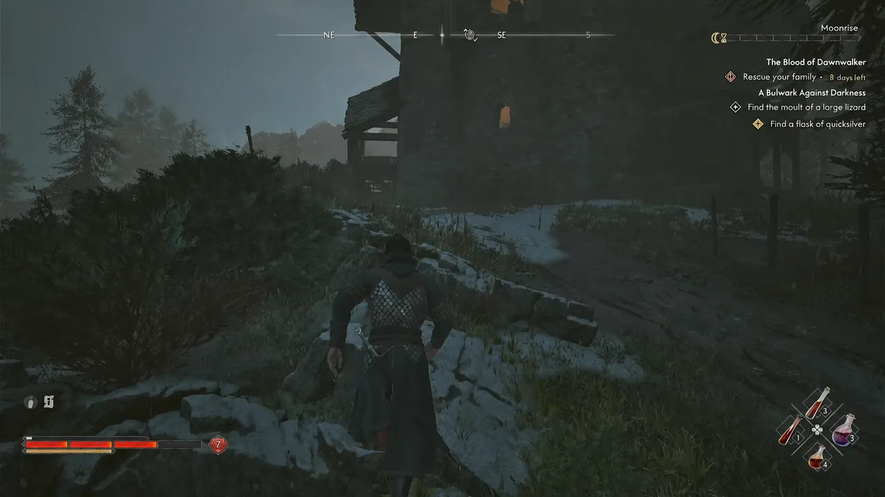 Quest tracker showing the objective Find a flask of quicksilver while Coen crosses a snowy settlement