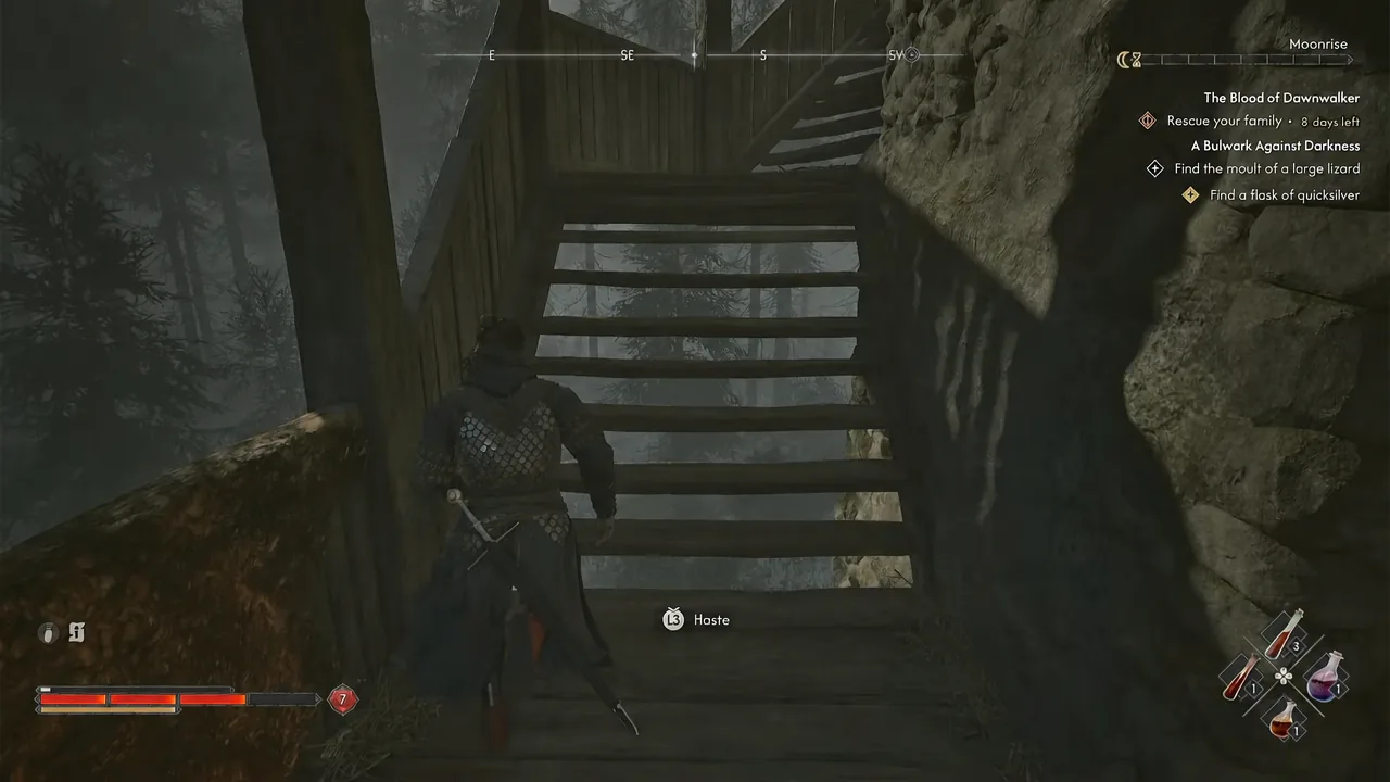 The Haste prompt highlighted as Coen moves up another flight of the tower's stairs