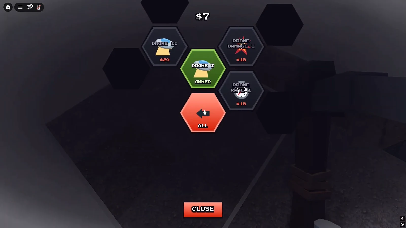 Drone upgrade menu showing owned Drone I, purchasable Drone II, Damage I, and Range I with the ALL tab selected