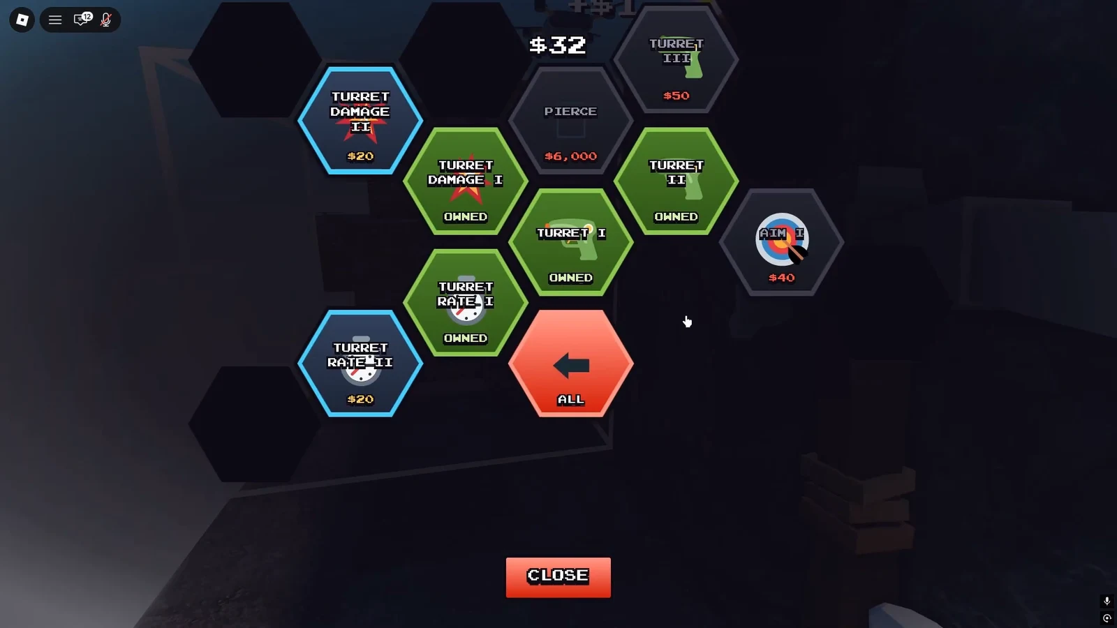 Turret upgrade tree highlighting Turret Damage II for $20 with owned upgrades and a Close button