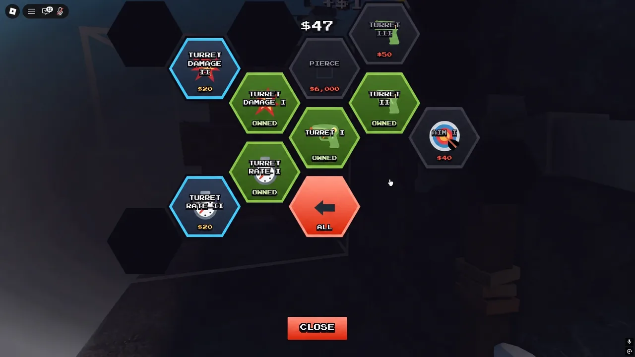 Turret upgrade tree highlighting Turret Damage II for $20 with owned upgrades and a Close button