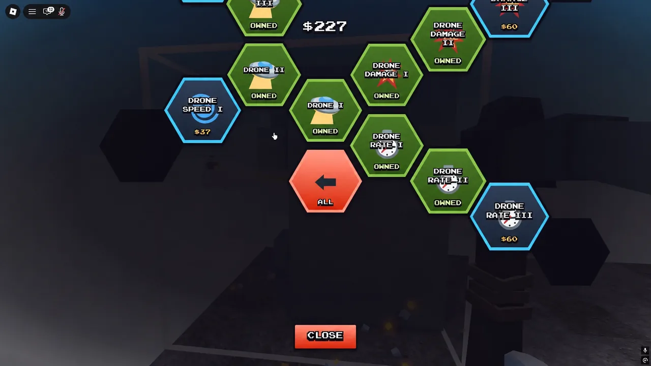 Drone menu with owned upgrades and Drone Speed I available for $37 next to the Close button