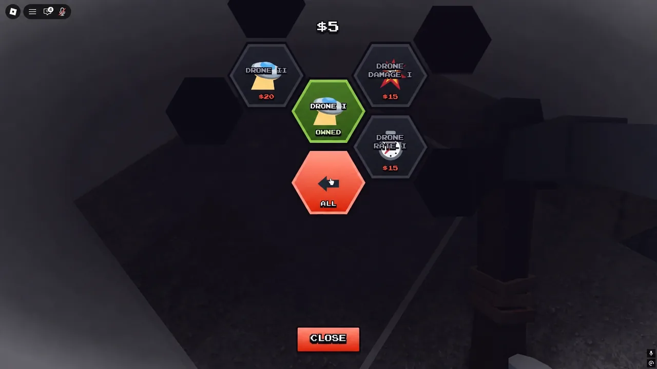 Drone upgrade menu showing owned Drone I, purchasable Drone II, Damage I, and Range I with the ALL tab selected