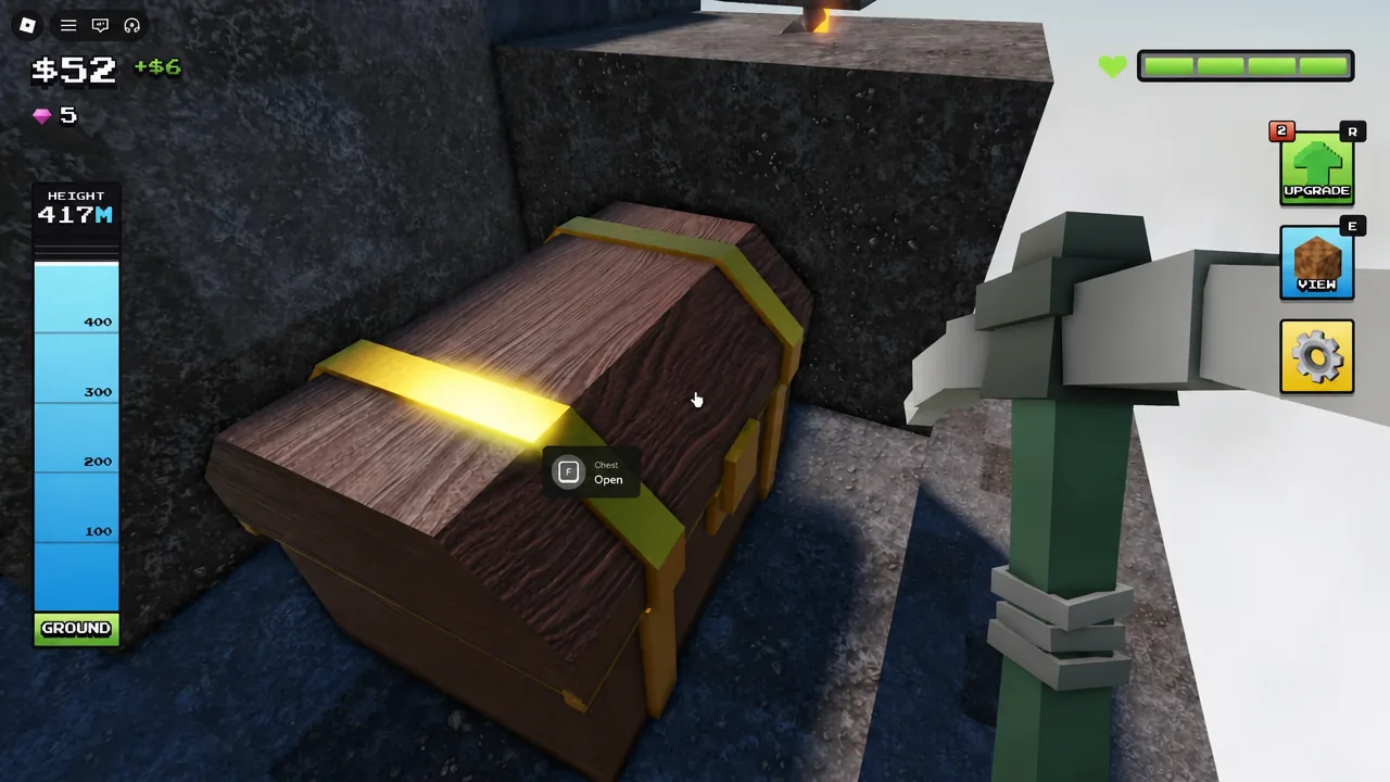 Buried chest with an on-screen prompt showing the F key to open it