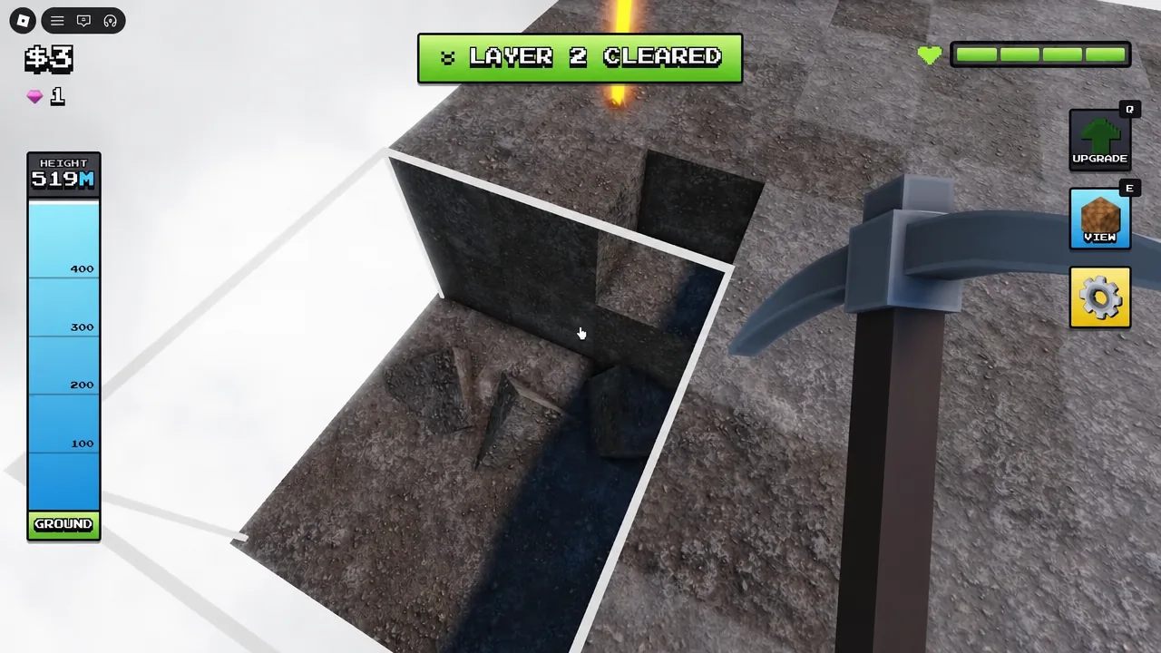 Flatten The Mountain gameplay showing the LAYER 1 CLEARED banner over a flat rocky platform