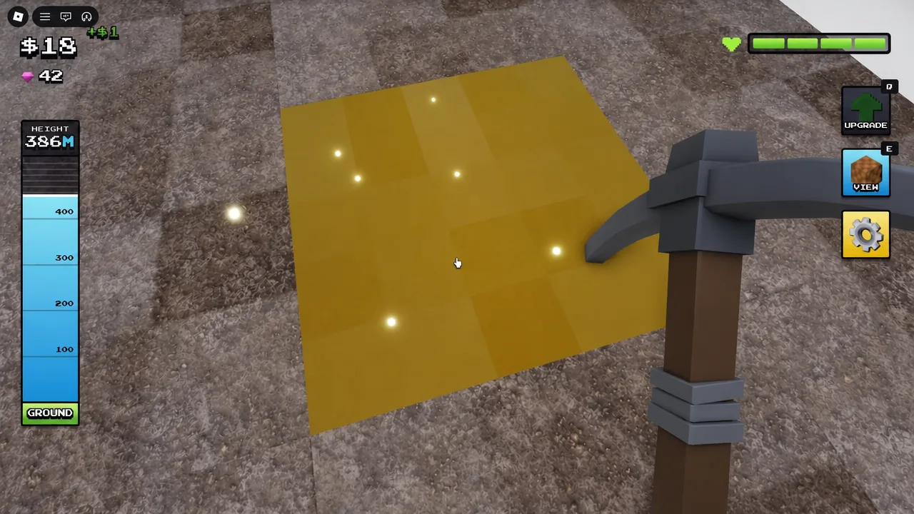A gold ore block highlighted mid-swing while the player mines it with an equipped pickaxe