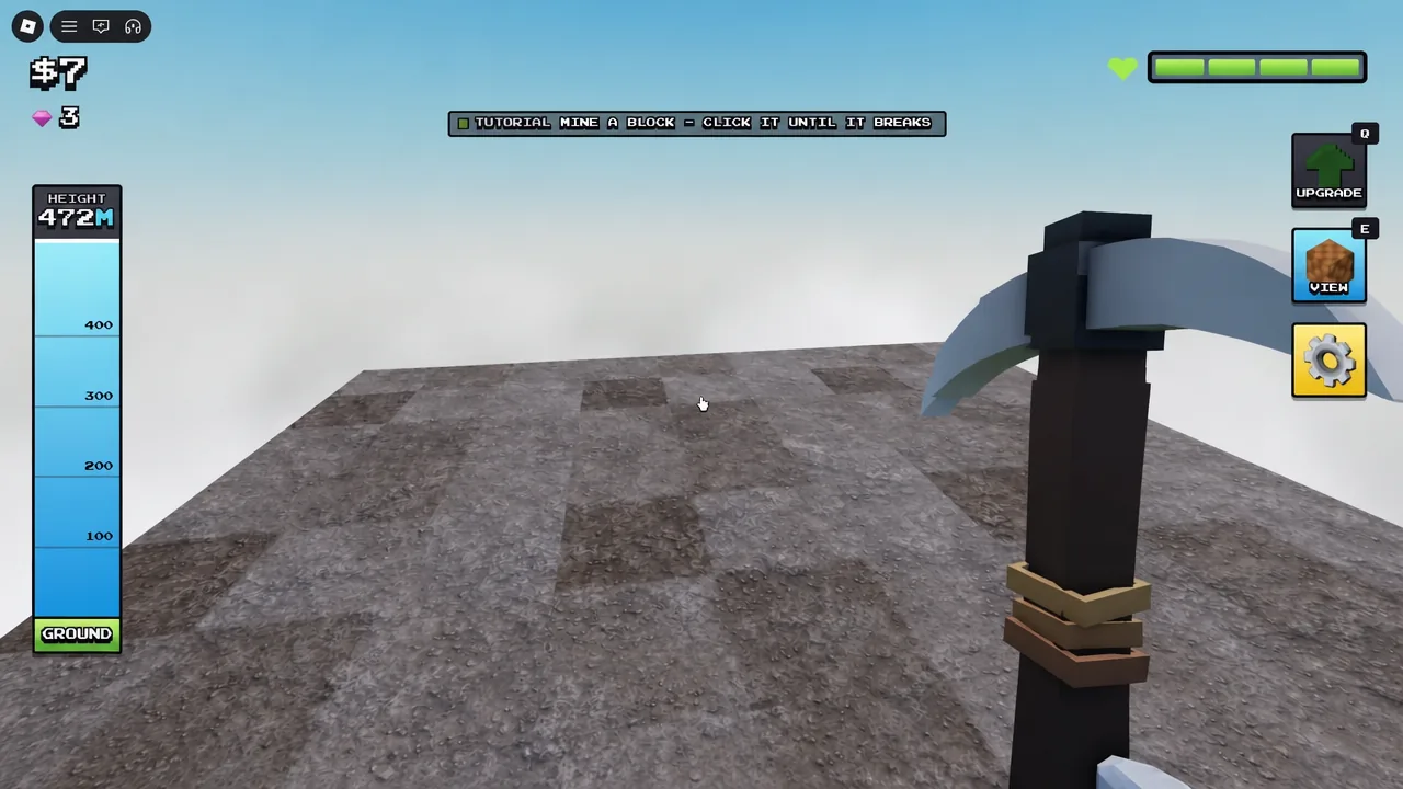 Tutorial prompt telling the player to click a ground block with the pickaxe until it breaks