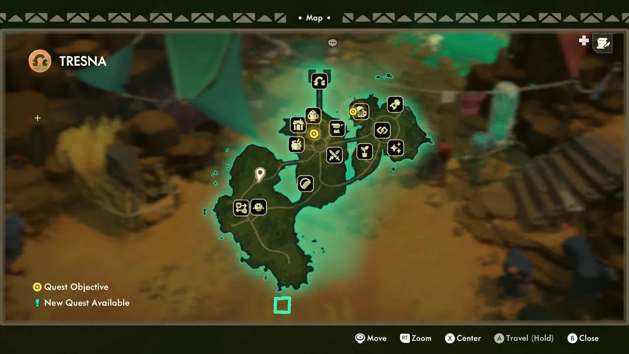 Tresna map screen with the white location pin showing the current area during navigation