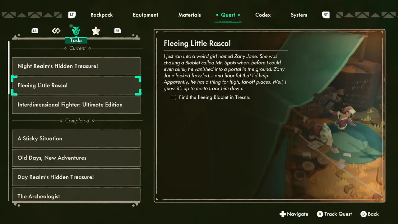 Quest log Tasks tab with Fleeing Little Rascal selected and its find-the-Bloblet objective