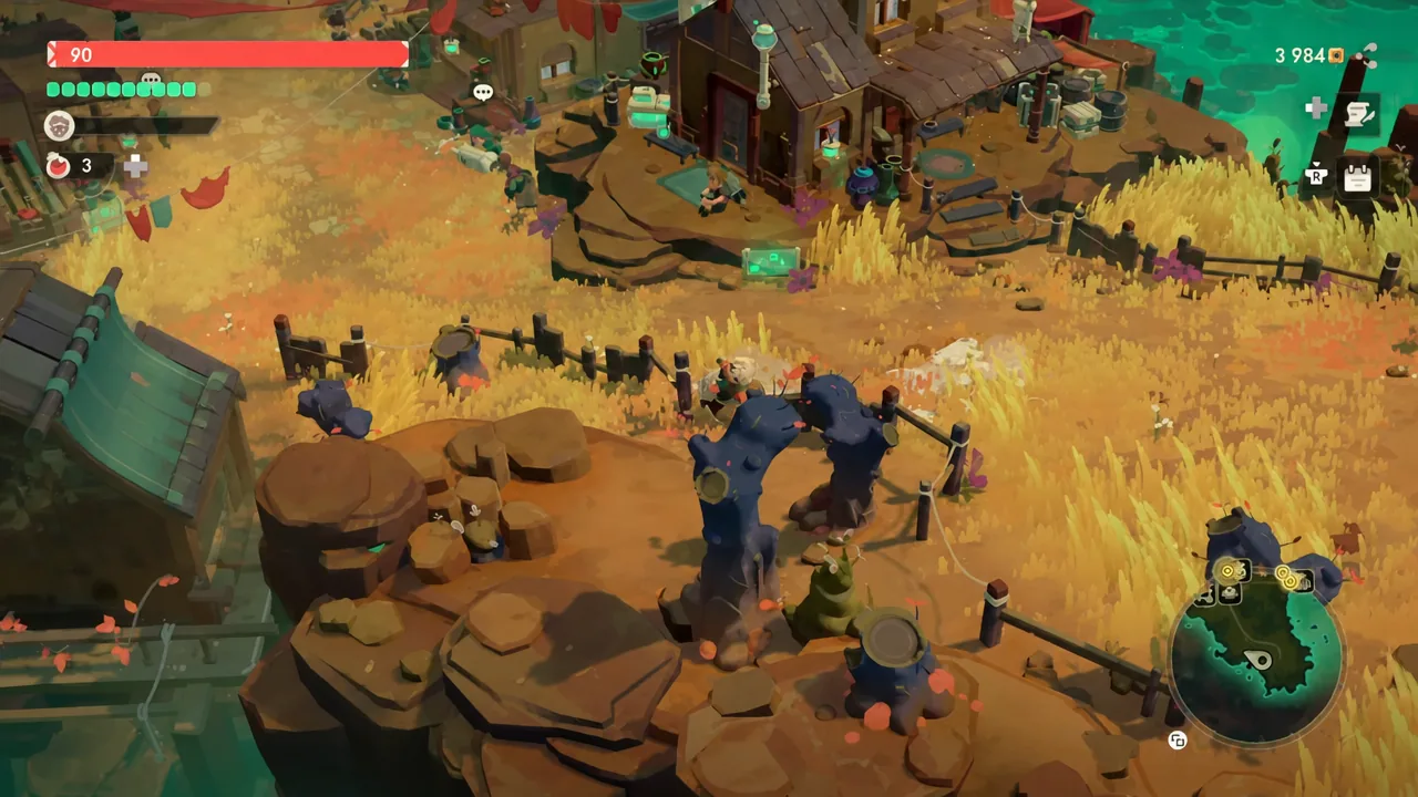 Player character crossing the farm area of Tresna with health bar, gold counter and minimap visible