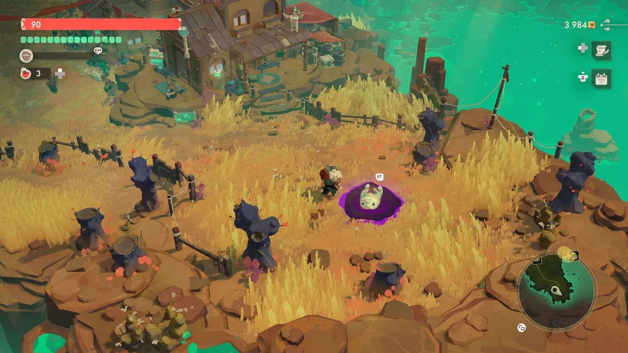 Purple pool creature at the cliffside with the interact prompt shown above it