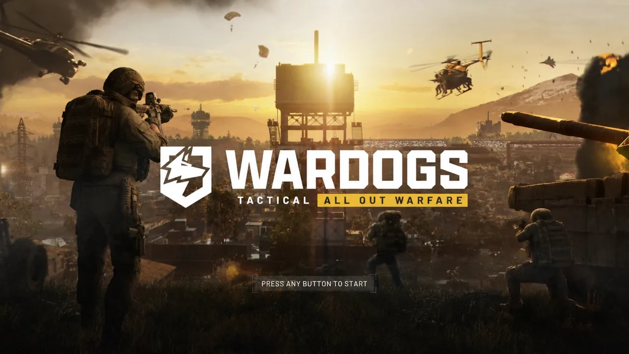WARDOGS title screen with a prompt to press any button to start