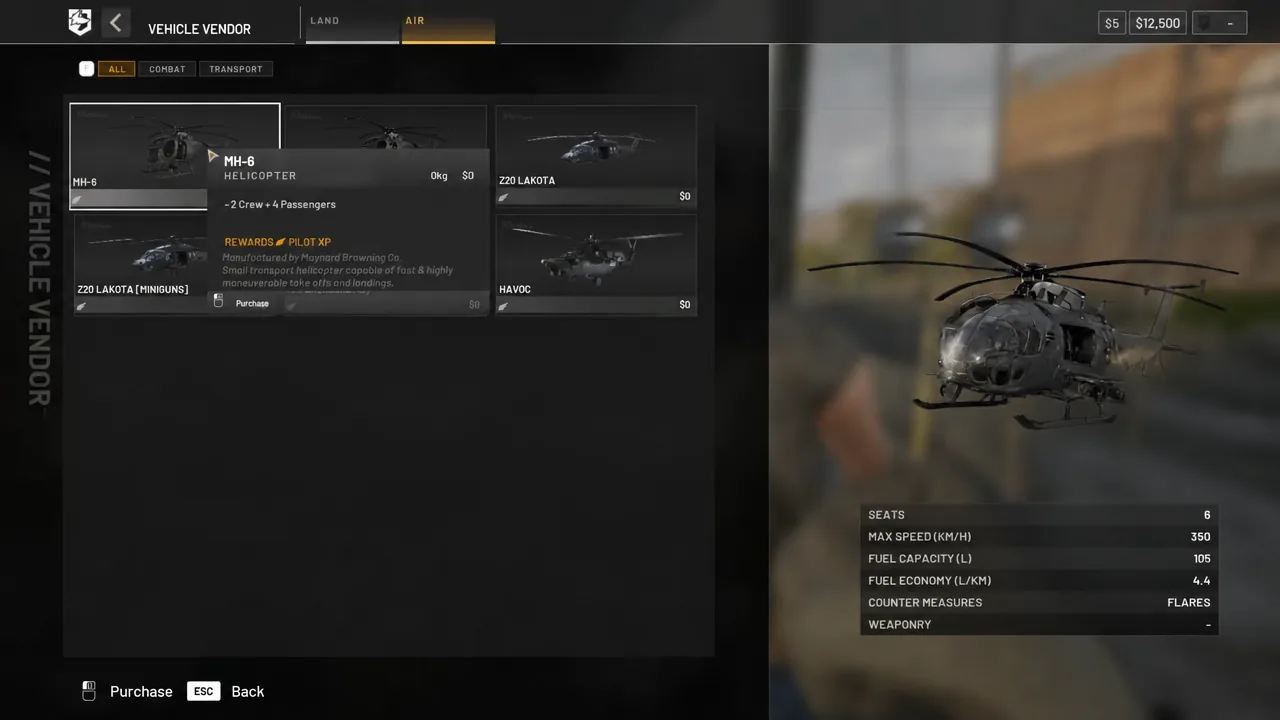 Vehicle Vendor AIR tab with the MH-6 Helicopter selected and previewed