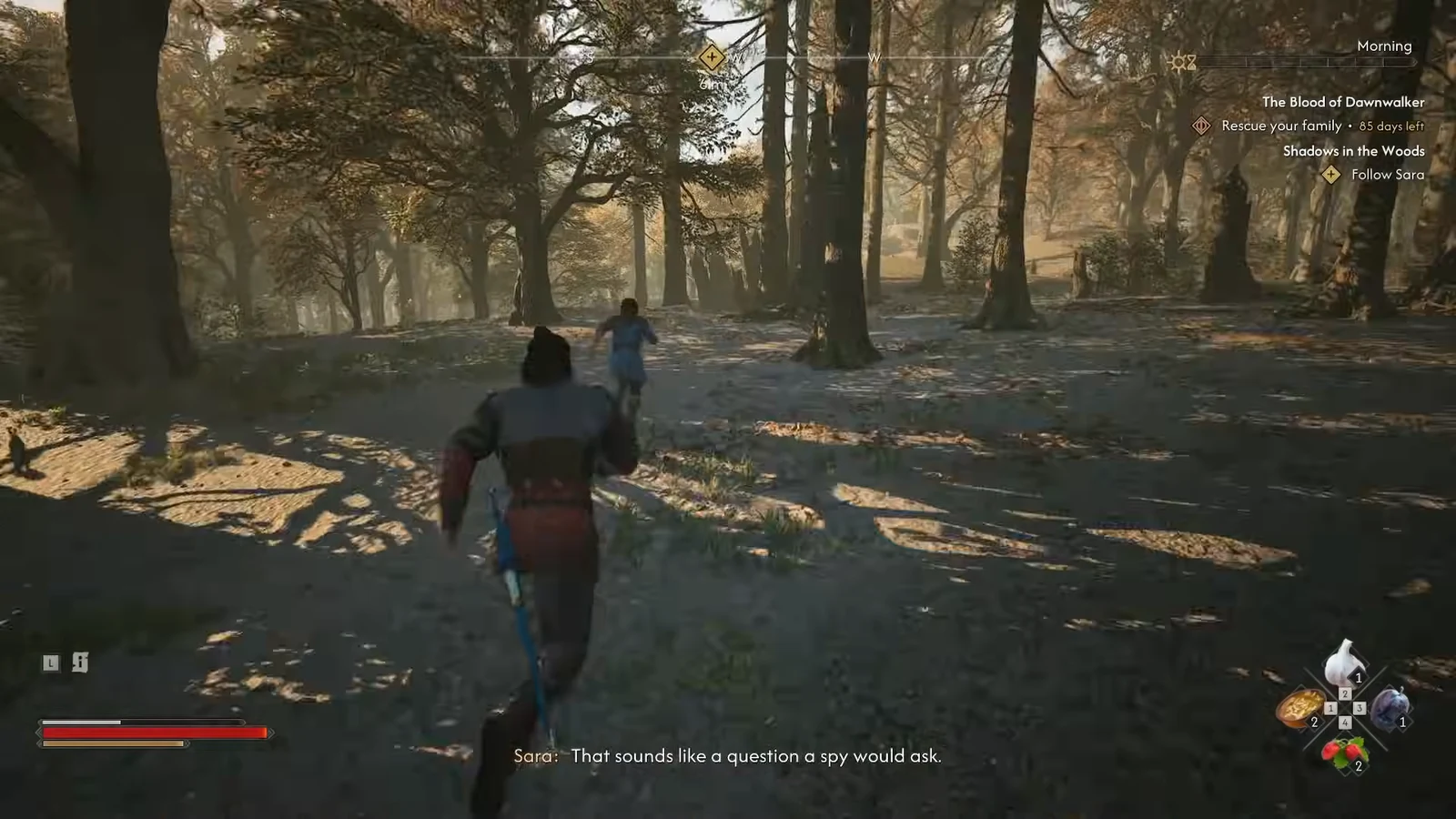 Coen walking behind Sara on the snowy forest trail with the quest objective on screen