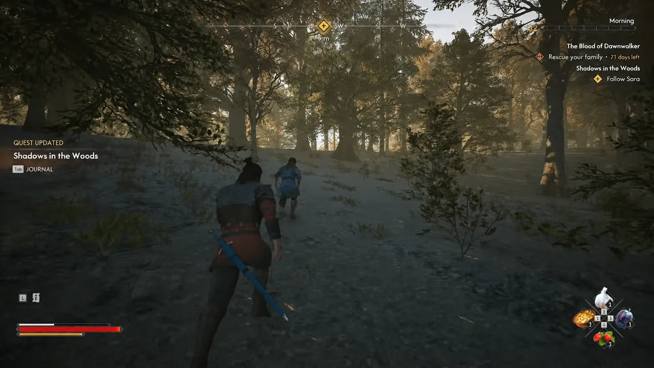 Quest updated notification for Shadows in the Woods with the journal prompt during the walk