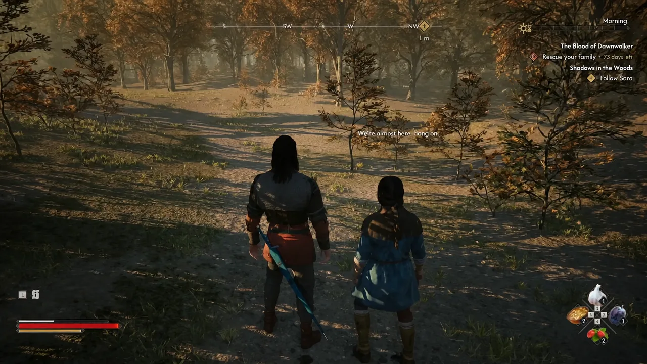 HUD showing the Follow Sara objective under Shadows in the Woods during the forest walk
