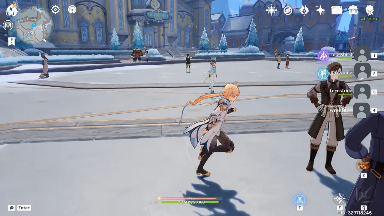 Traveler running across the snowy Court of Fontaine plaza with the party roster on the right