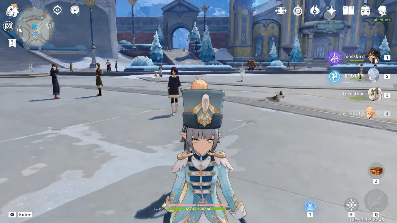 Traveler standing still in the snowy Fontaine streets with the exploration HUD visible