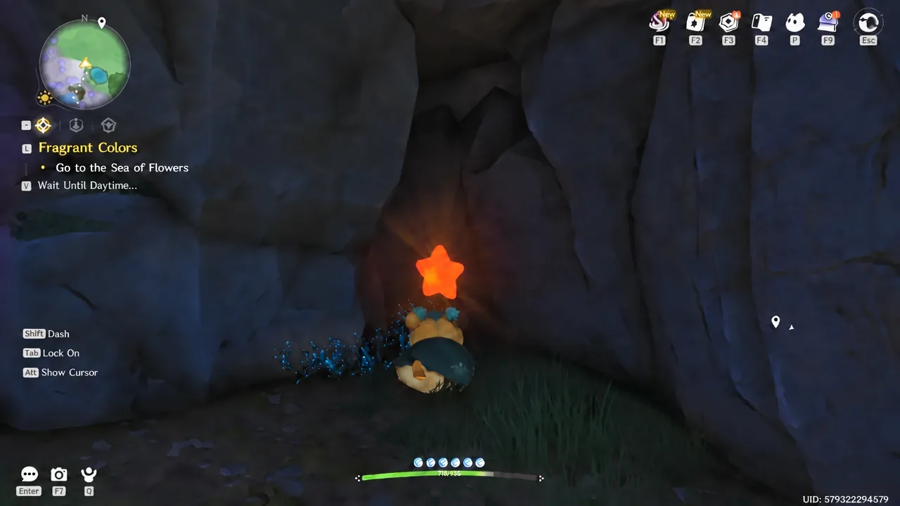 Player standing in front of a glowing orange pickup marker inside the Celestis cave