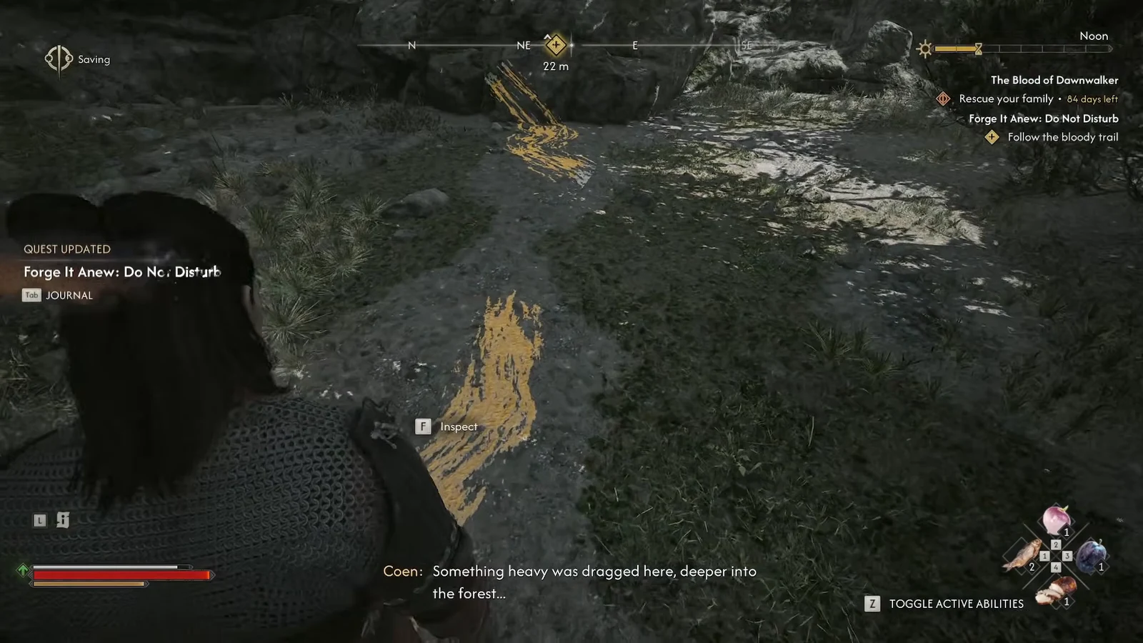Focus Mode highlights bloody tracks on the forest path with an inspect prompt on screen