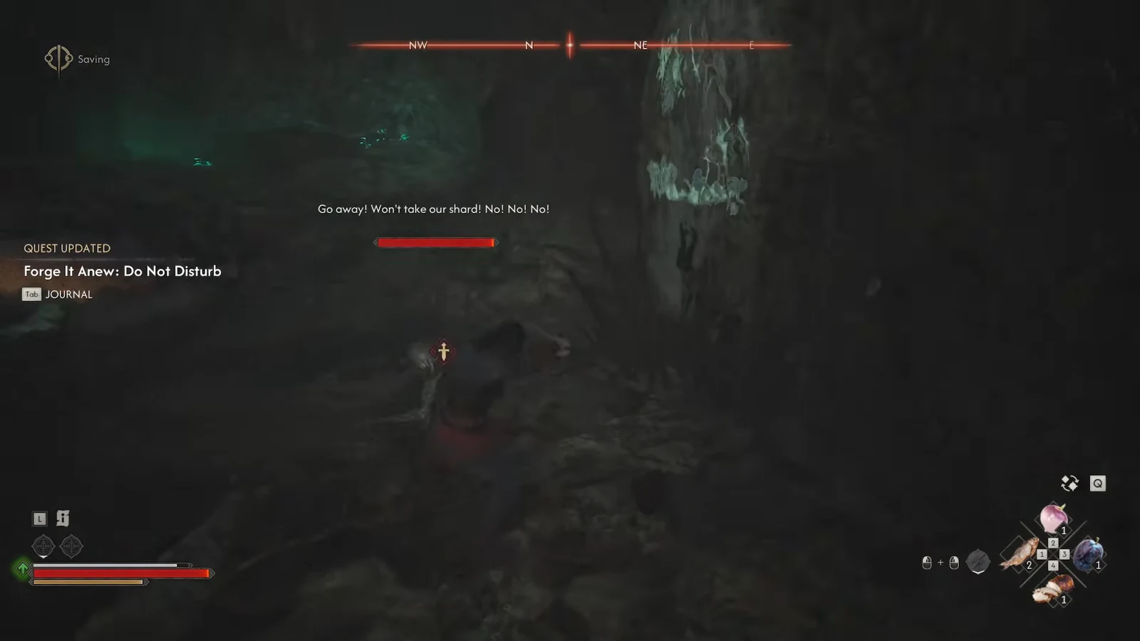 Coen squares up to a pale kobold inside the dark cave as the quest updates