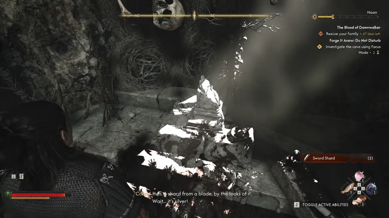 Sword Shard pickup notification as Coen collects the silver fragment from the altar
