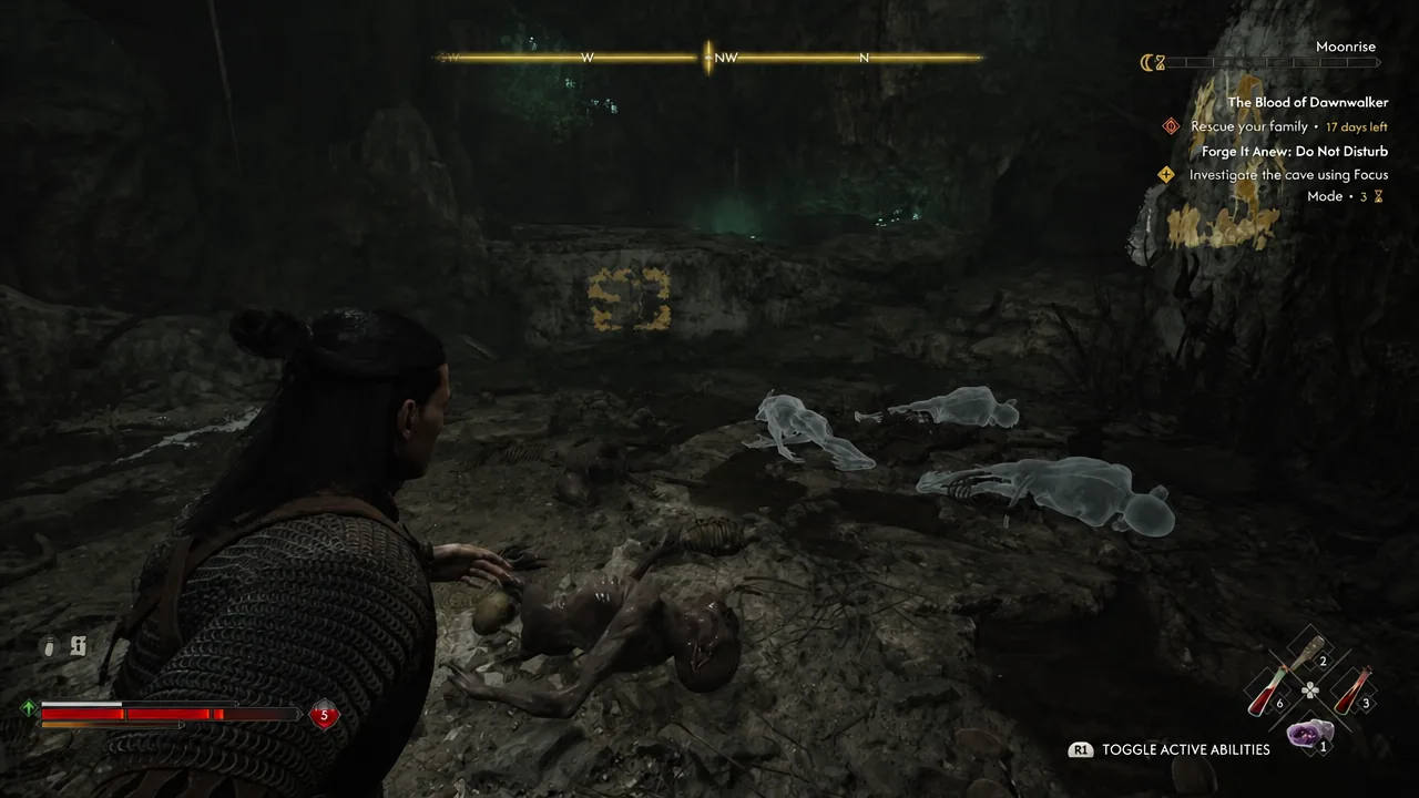 Coen inspecting glowing green symbols on the cave wall during Forge It Anew: Do Not Disturb