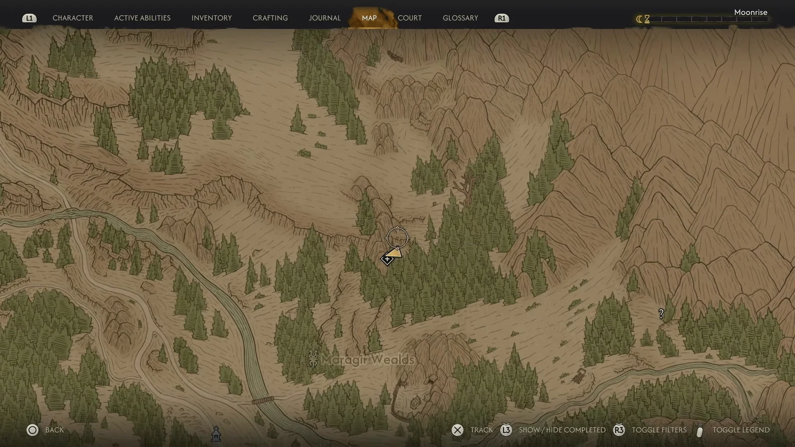 World map open on the Maragir Wealds region with the cursor over the location marker to track