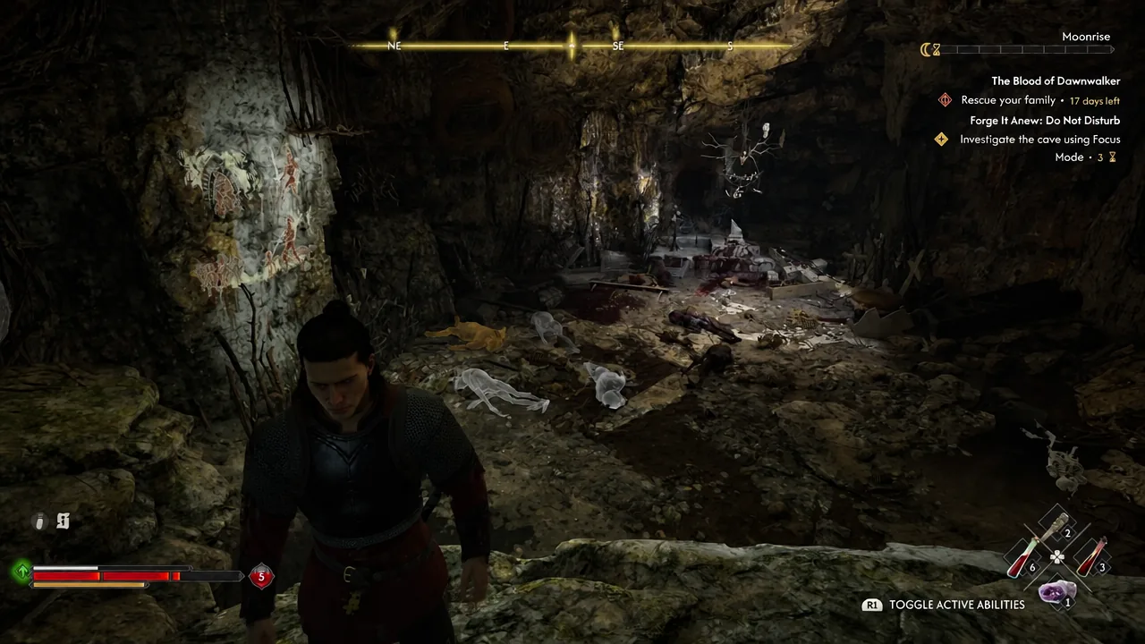 Cave interior with the Forge It Anew: Do Not Disturb objective to investigate the area using Focus Mode