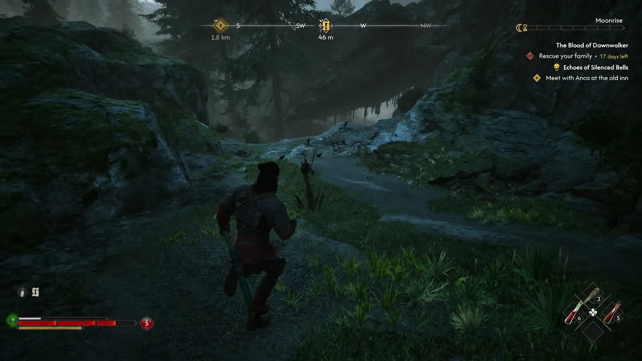 Coen moving through a dark forest at night with the objective marker 46 meters away on the compass