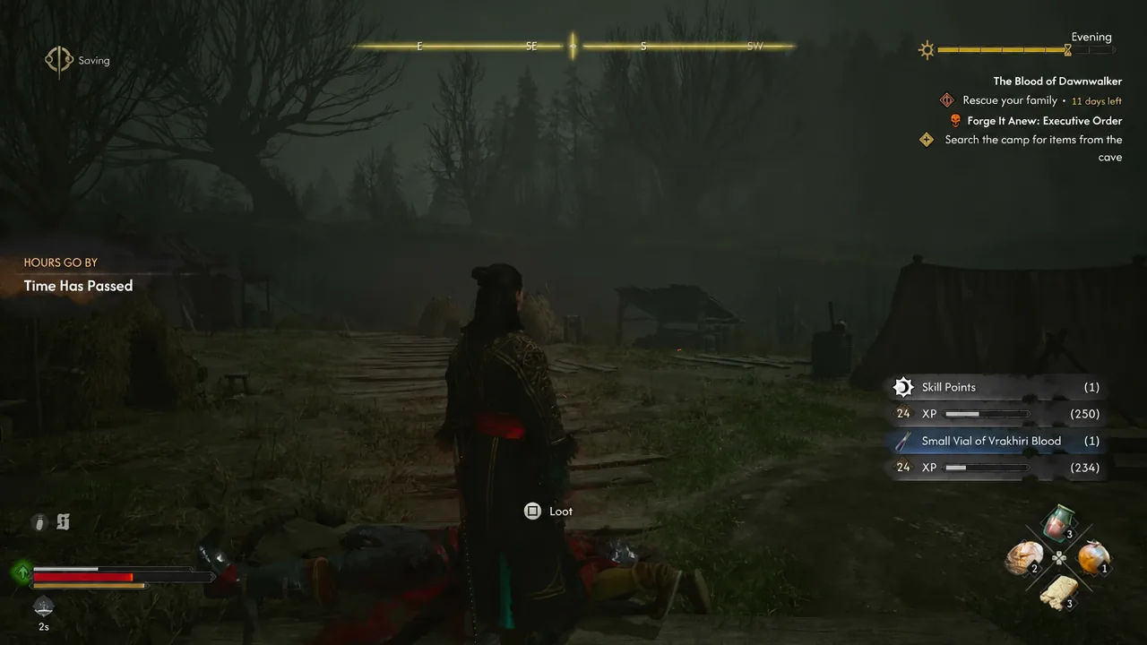 Loot prompt highlighted over a defeated soldier after clearing Xanthe's camp