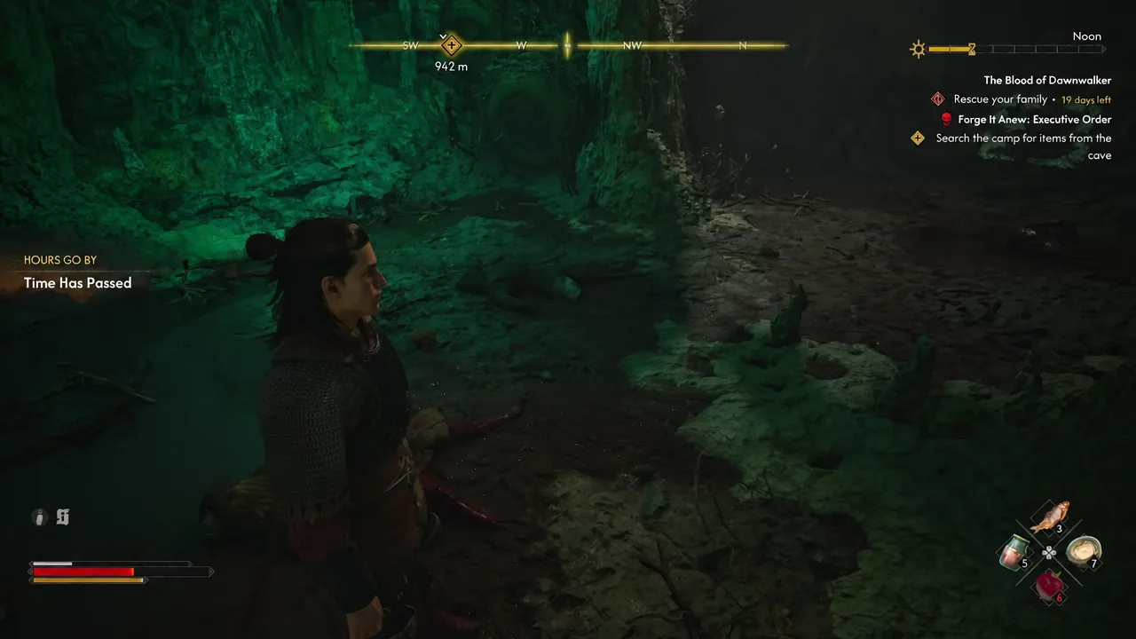 Quest HUD showing Forge It Anew: Executive Order while searching the camp inside the cave