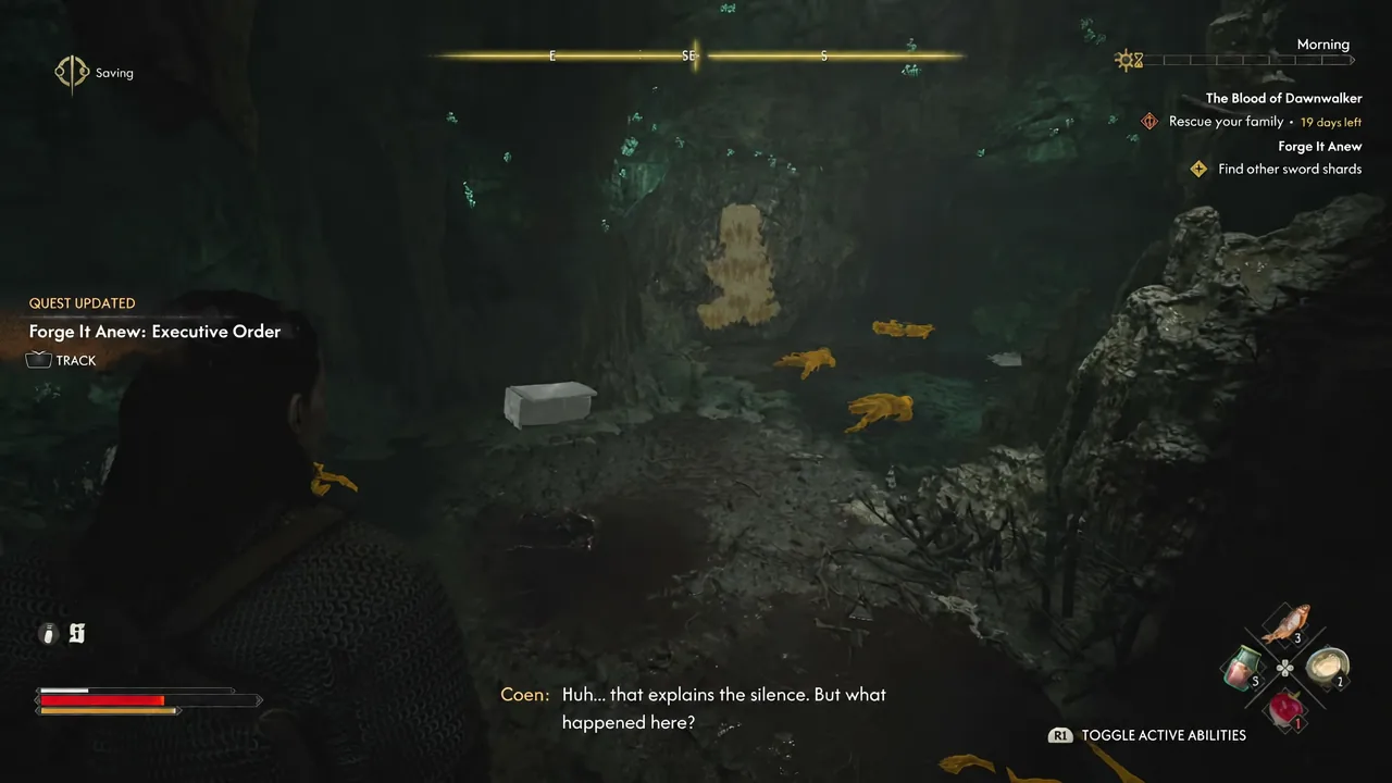 Highlighted investigation tracks in the cave with the Forge It Anew: Executive Order objective active on the HUD