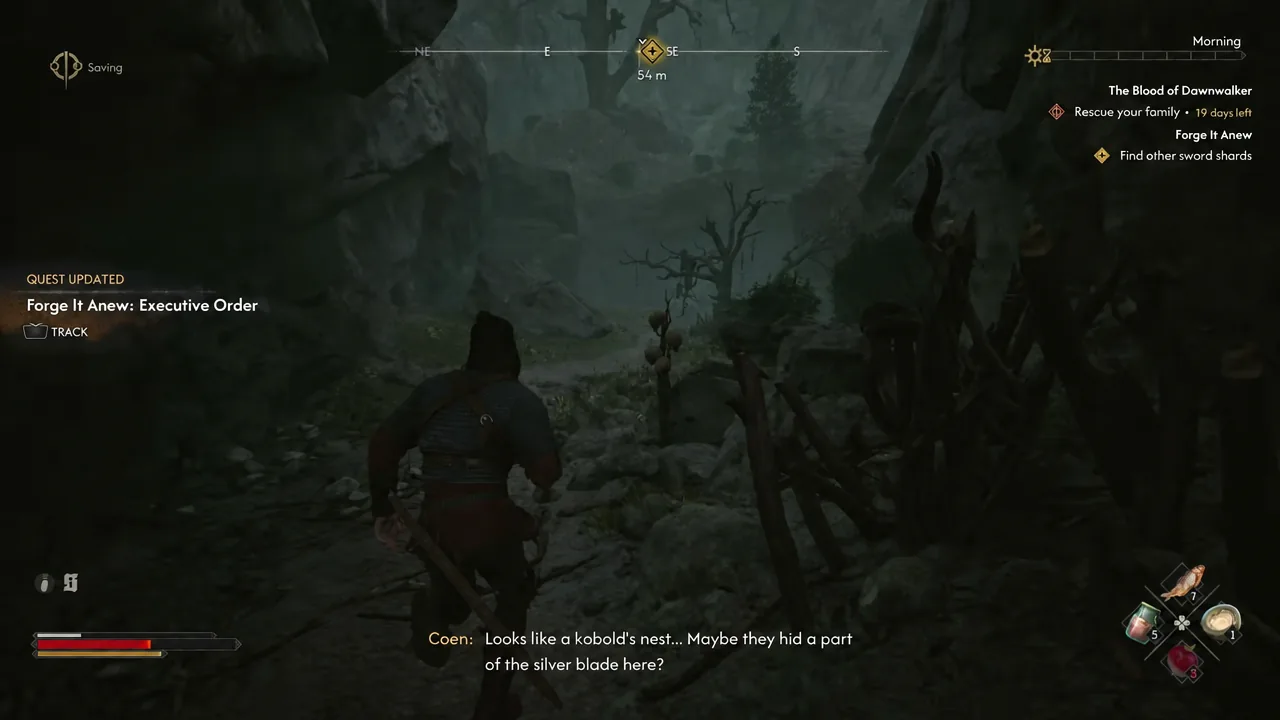 Quest Updated notification for Forge It Anew: Executive Order with the TRACK option highlighted inside the cave
