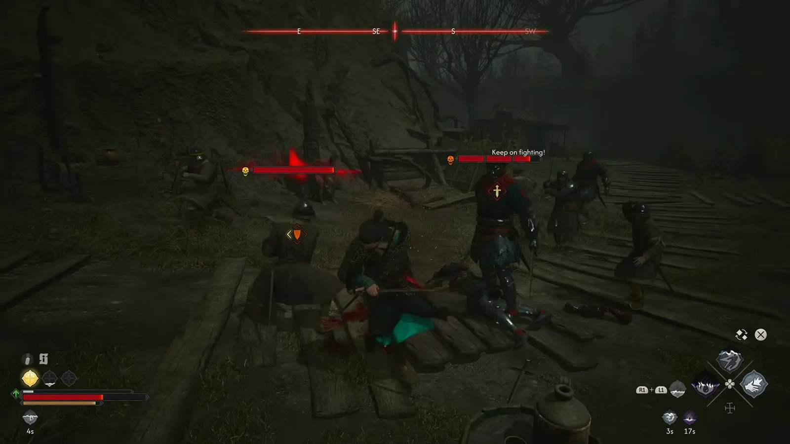 Coen attacking several of Xanthe's soldiers on a wooden bridge with health bars visible