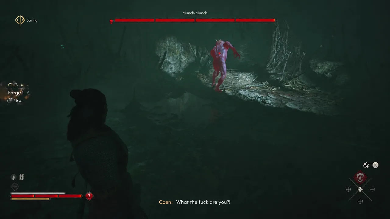 Munch-Munch boss health bar on screen during the cave fight in The Blood of Dawnwalker