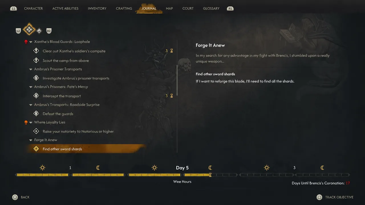 Journal screen with the Forge It Anew entry selected and the Find other sword shards objective highlighted