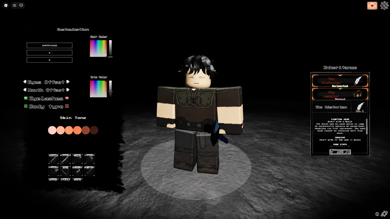 Character Customization screen with the Skin Tone palette and avatar preview open