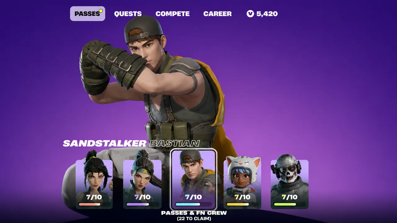 Fortnite Passes screen showing the Sandstalker Bastian reward page with a character preview and 7 of 10 progress
