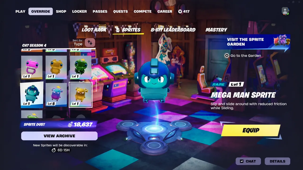 Override menu Sprites tab with the Mega Man Sprite selected and ready to equip