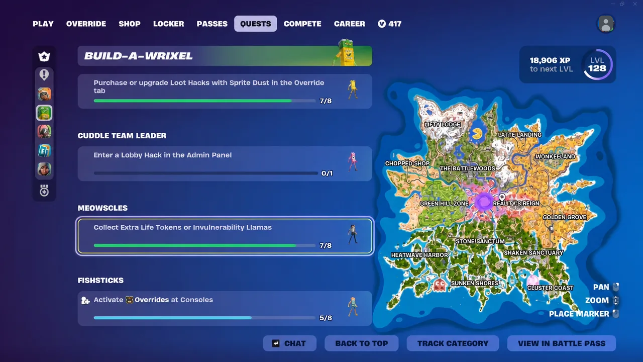 Quests menu with the Meowscles Extra Life Tokens objective highlighted