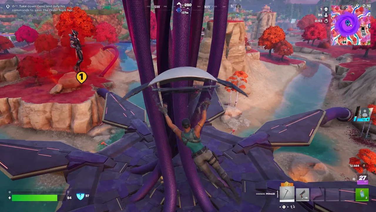 Fortnite player gliding toward a yellow objective marker with the Geno quest tracker on screen