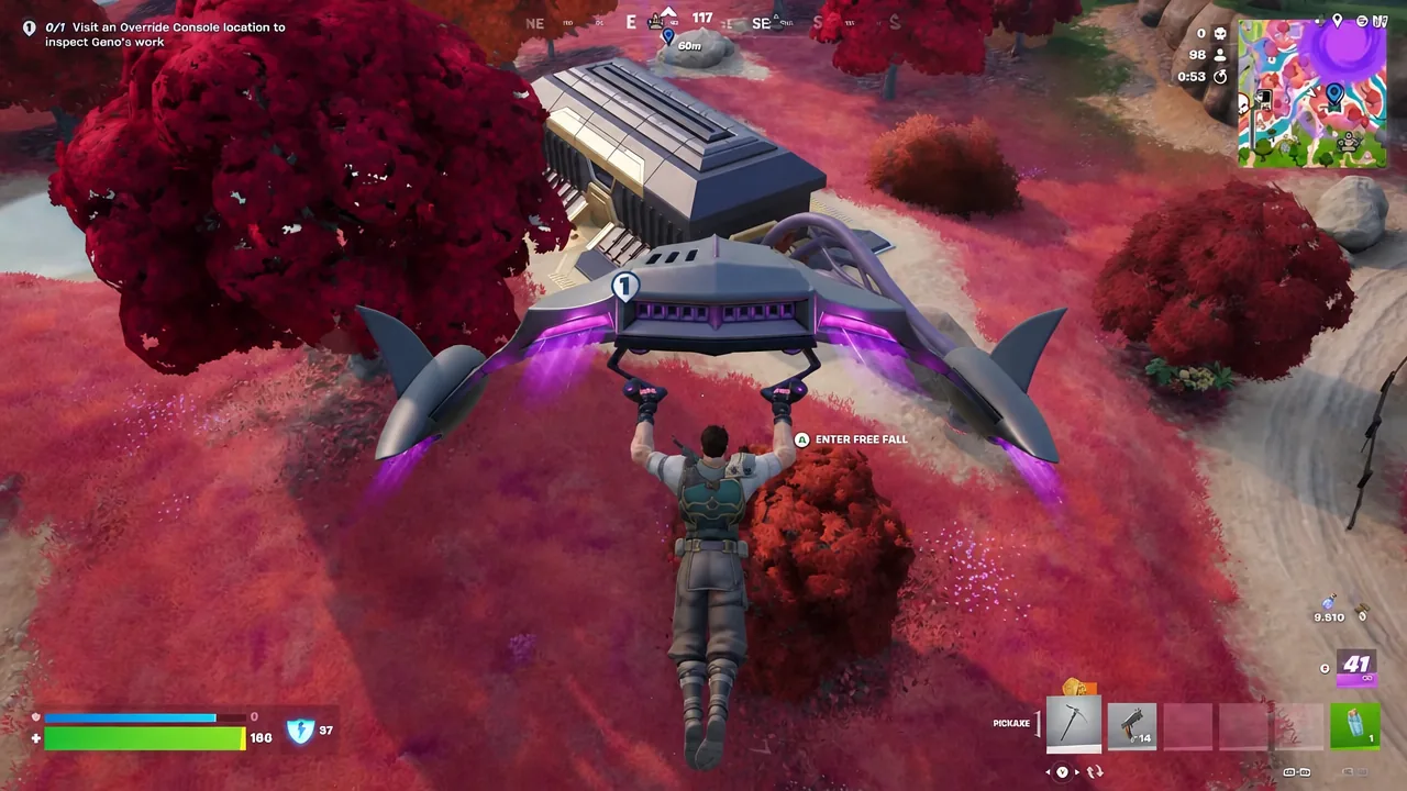 Fortnite prompt to enter free fall while gliding toward an Override Console location