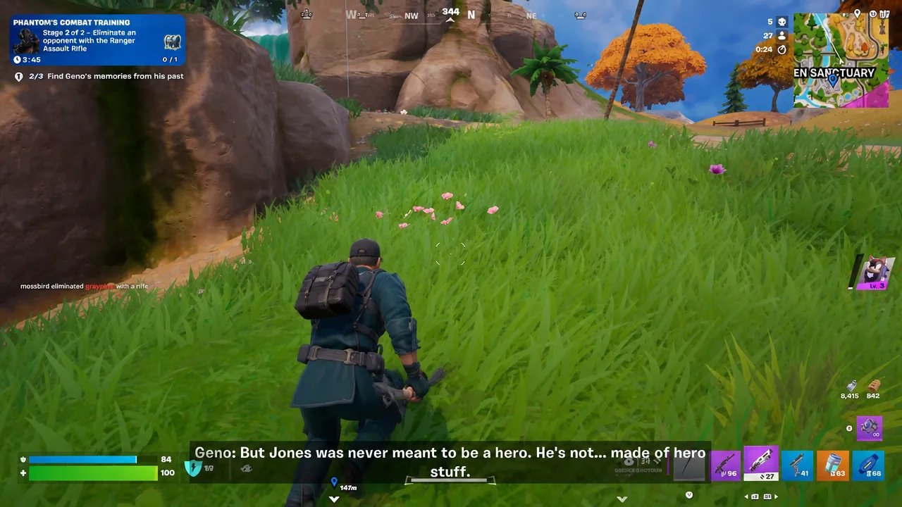 Fortnite quest panel tracking an elimination objective while the player crouches in tall grass