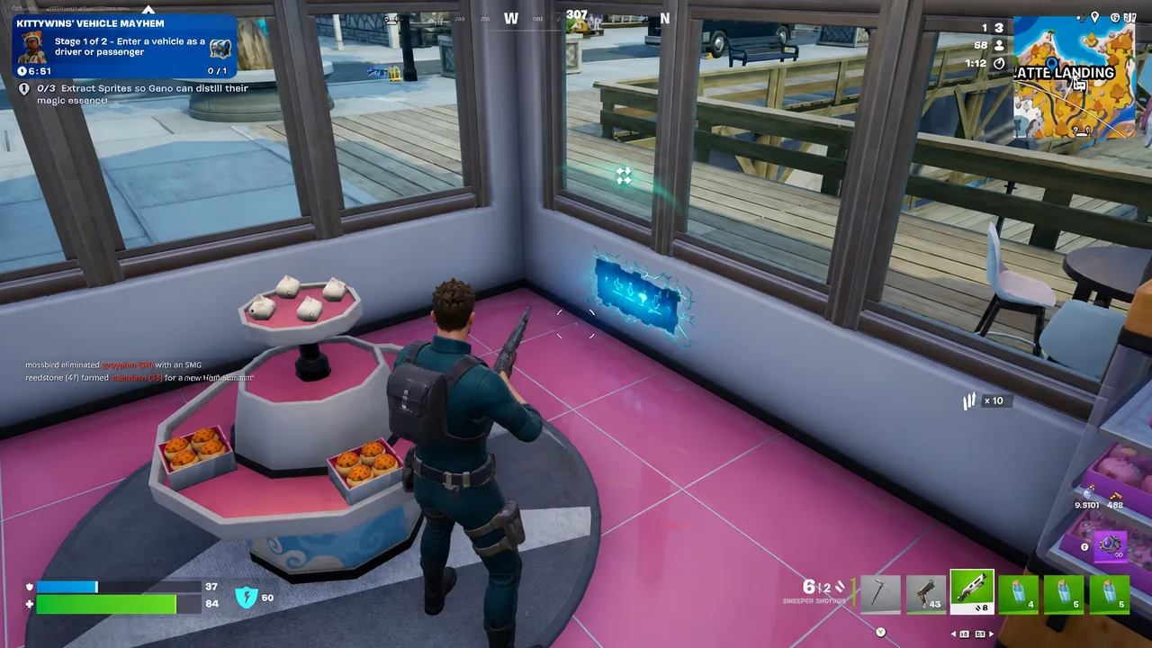 Fortnite player aiming at a glowing blue wall item with the quest panel visible on screen