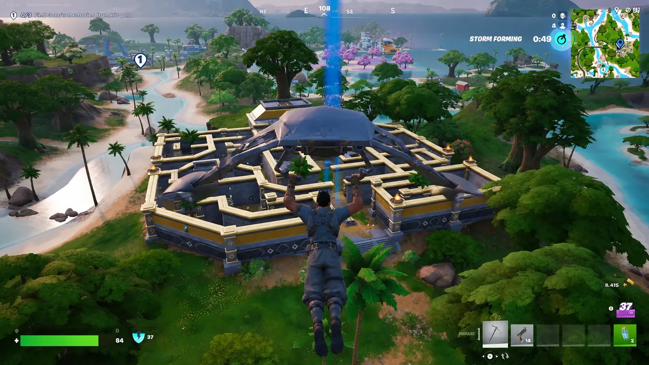Player gliding toward a marked temple in Fortnite with the storm countdown running