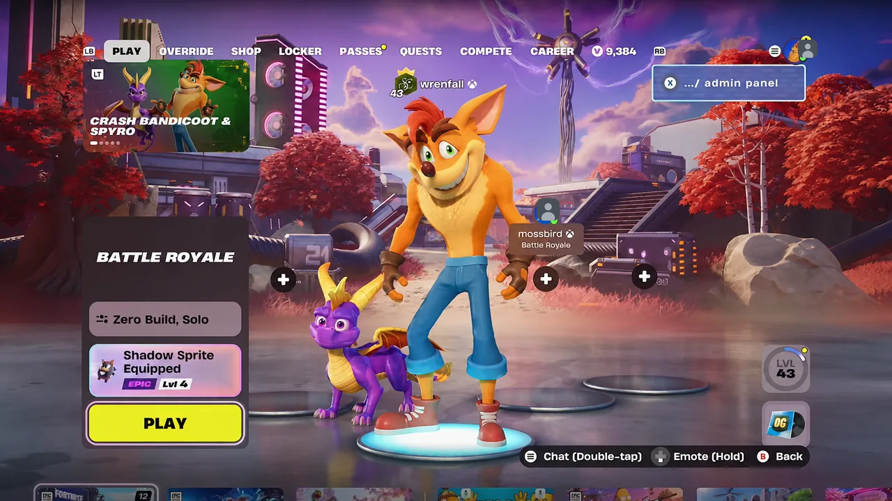 Fortnite Battle Royale lobby with the yellow play button highlighted and Zero Build Solo selected