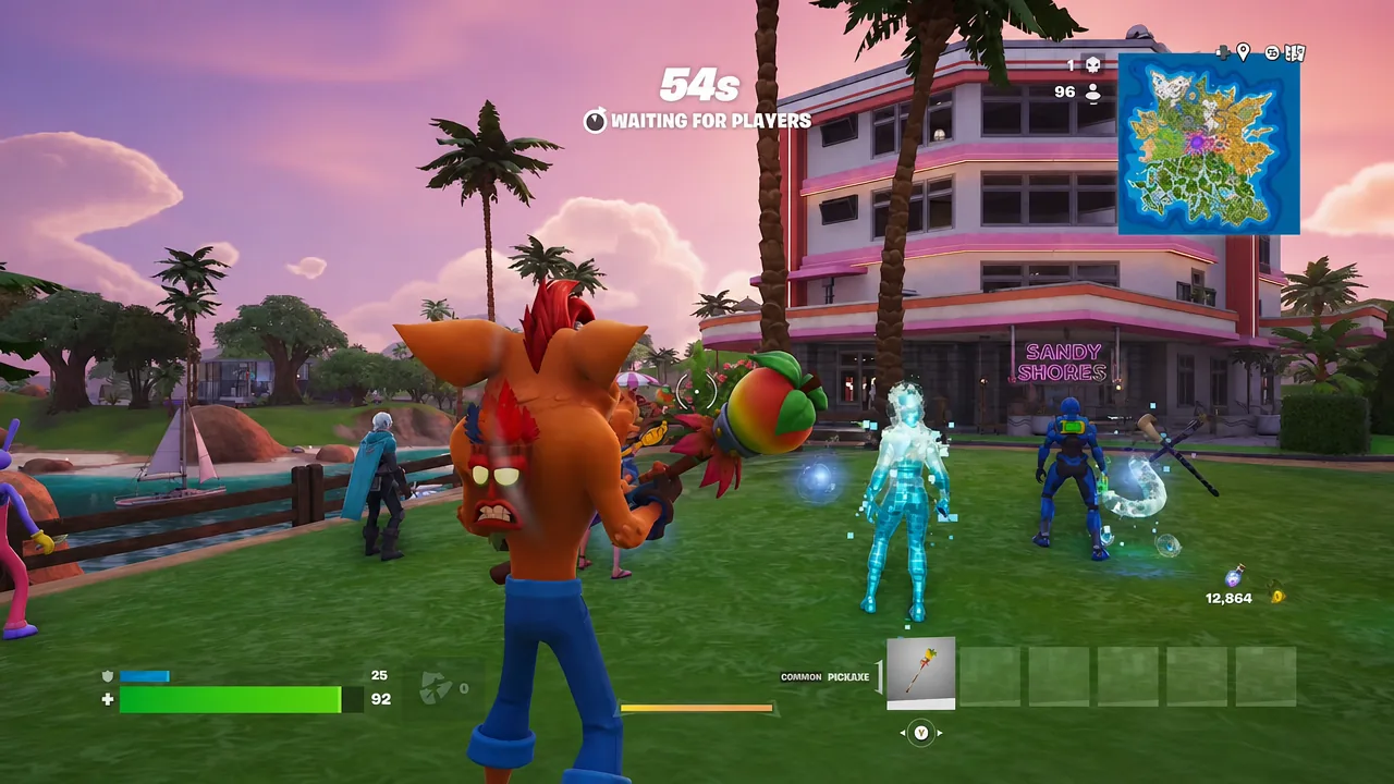 Fortnite pre-game island with a 54-second waiting for players countdown and the pickaxe slot selected